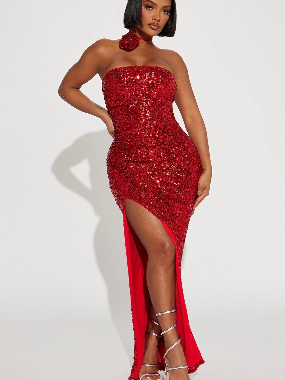 Fashion Nova Strapless Red Sequin High-Slit Gown